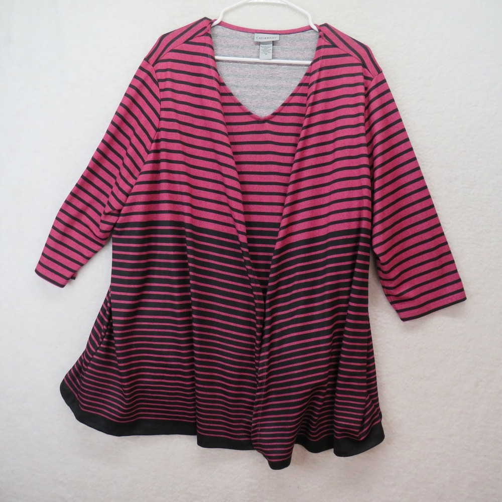 Catherines‎ Womens Size 2X Pink Black Striped Open Front Cardigan  3/4 Sleeve
